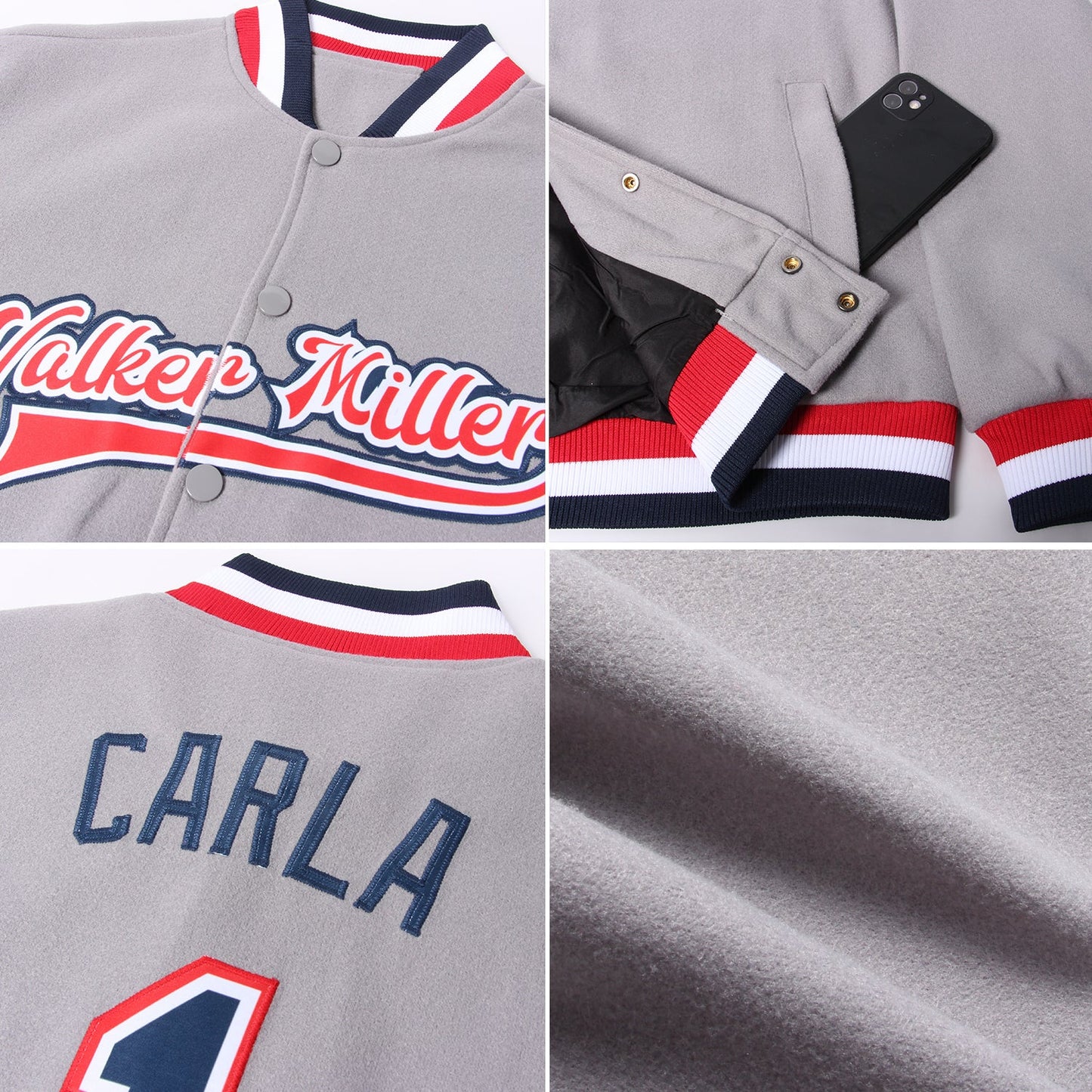 Custom Gray Navy White-Red Bomber Full-Snap Varsity Letterman Jacket view 4