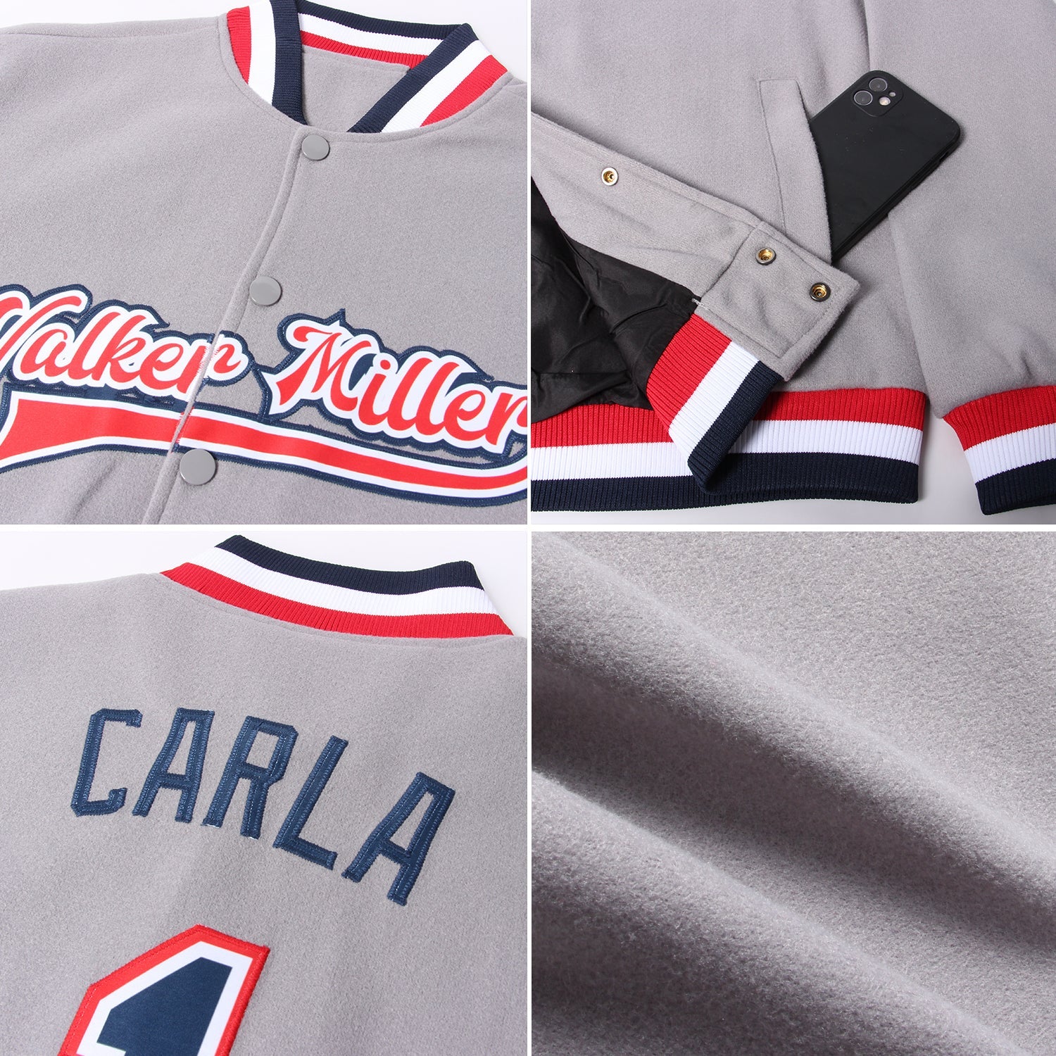 Custom Gray Navy White-Red Bomber Full-Snap Varsity Letterman Jacket view 4