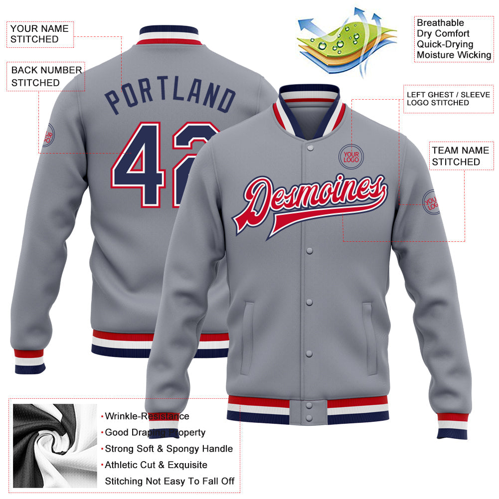 Custom Gray Navy White-Red Bomber Full-Snap Varsity Letterman Jacket view 5