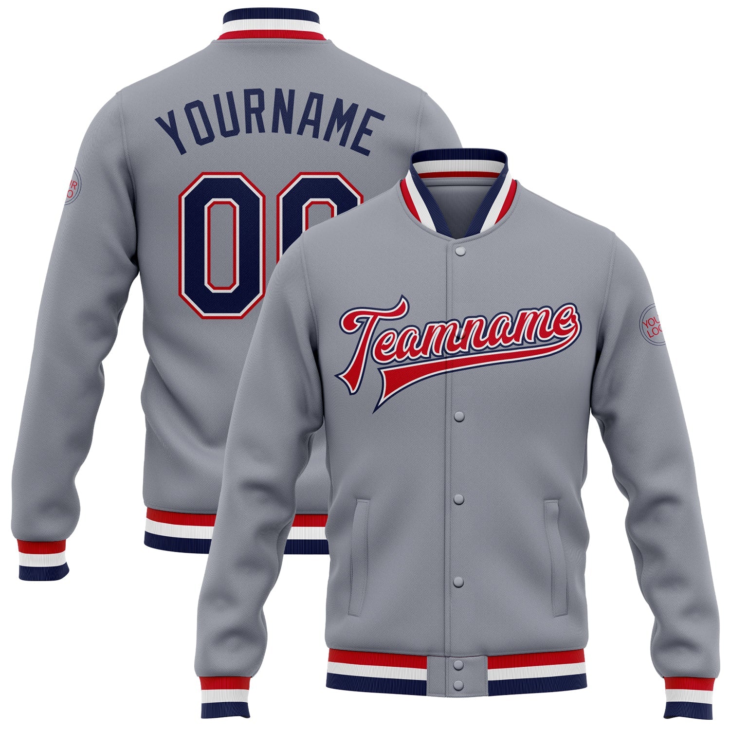 Custom Gray Navy White-Red Bomber Full-Snap Varsity Letterman Jacket - Main View