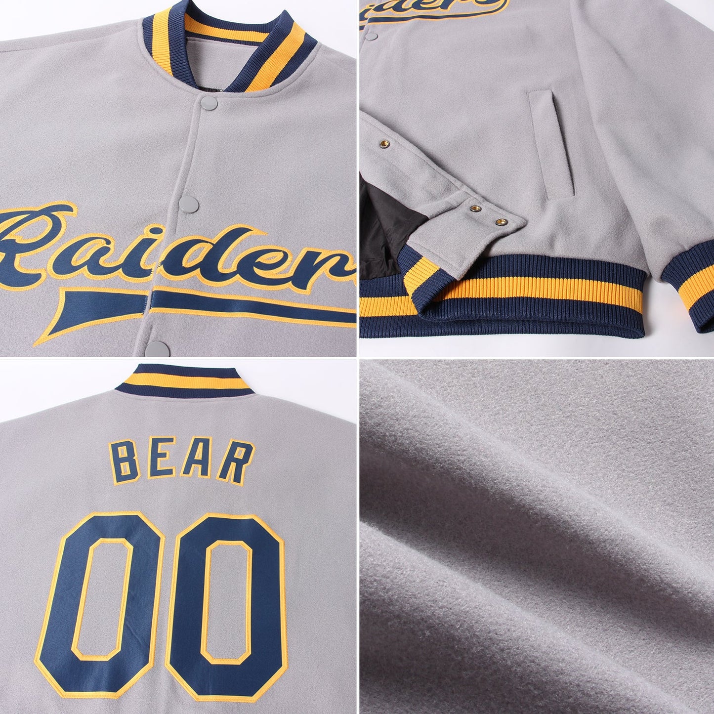Custom Gray Navy-Gold Bomber Full-Snap Varsity Letterman Jacket view 4