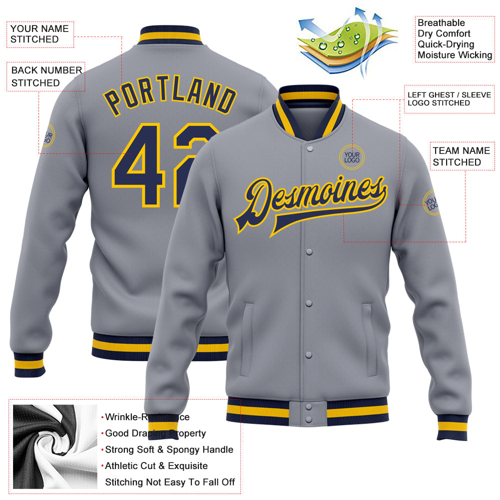 Custom Gray Navy-Gold Bomber Full-Snap Varsity Letterman Jacket view 5