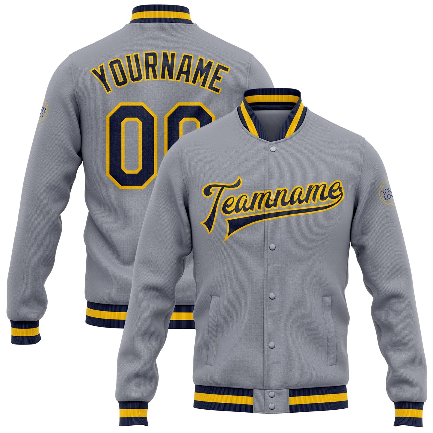 Custom Gray Navy-Gold Bomber Full-Snap Varsity Letterman Jacket - Main View