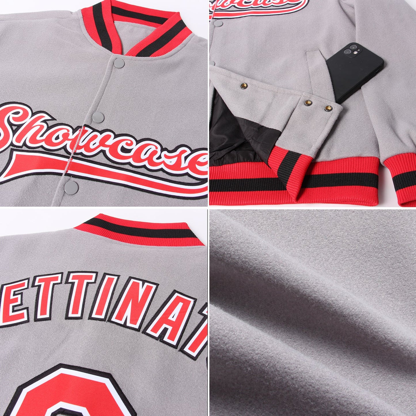Custom Gray Red White-Black Bomber Full-Snap Varsity Letterman Jacket view 4
