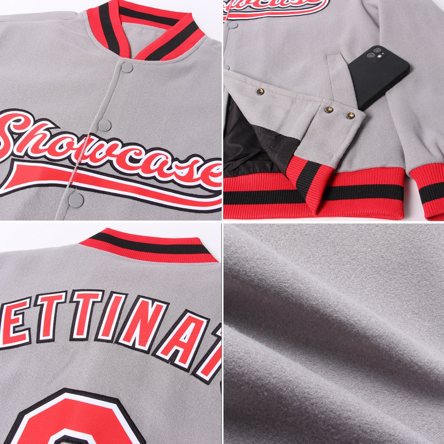 Custom Gray Red White-Black Bomber Full-Snap Varsity Letterman Jacket view 4