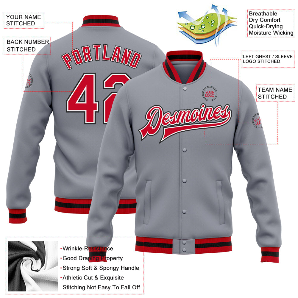 Custom Gray Red White-Black Bomber Full-Snap Varsity Letterman Jacket view 5