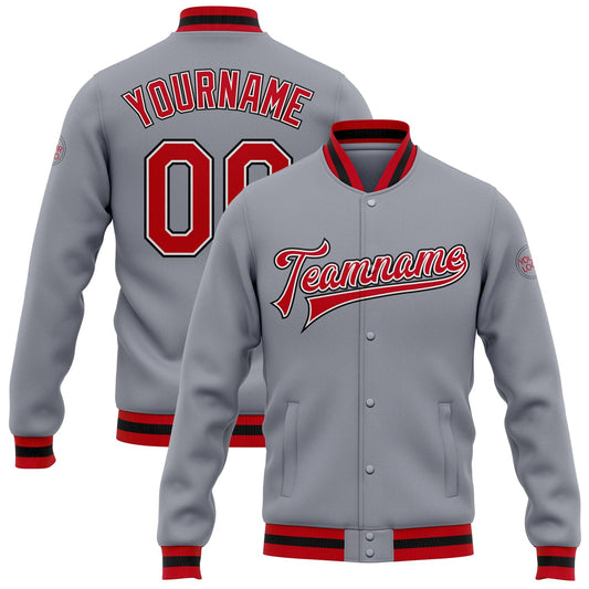 Custom Gray Red White-Black Bomber Full-Snap Varsity Letterman Jacket - Main View