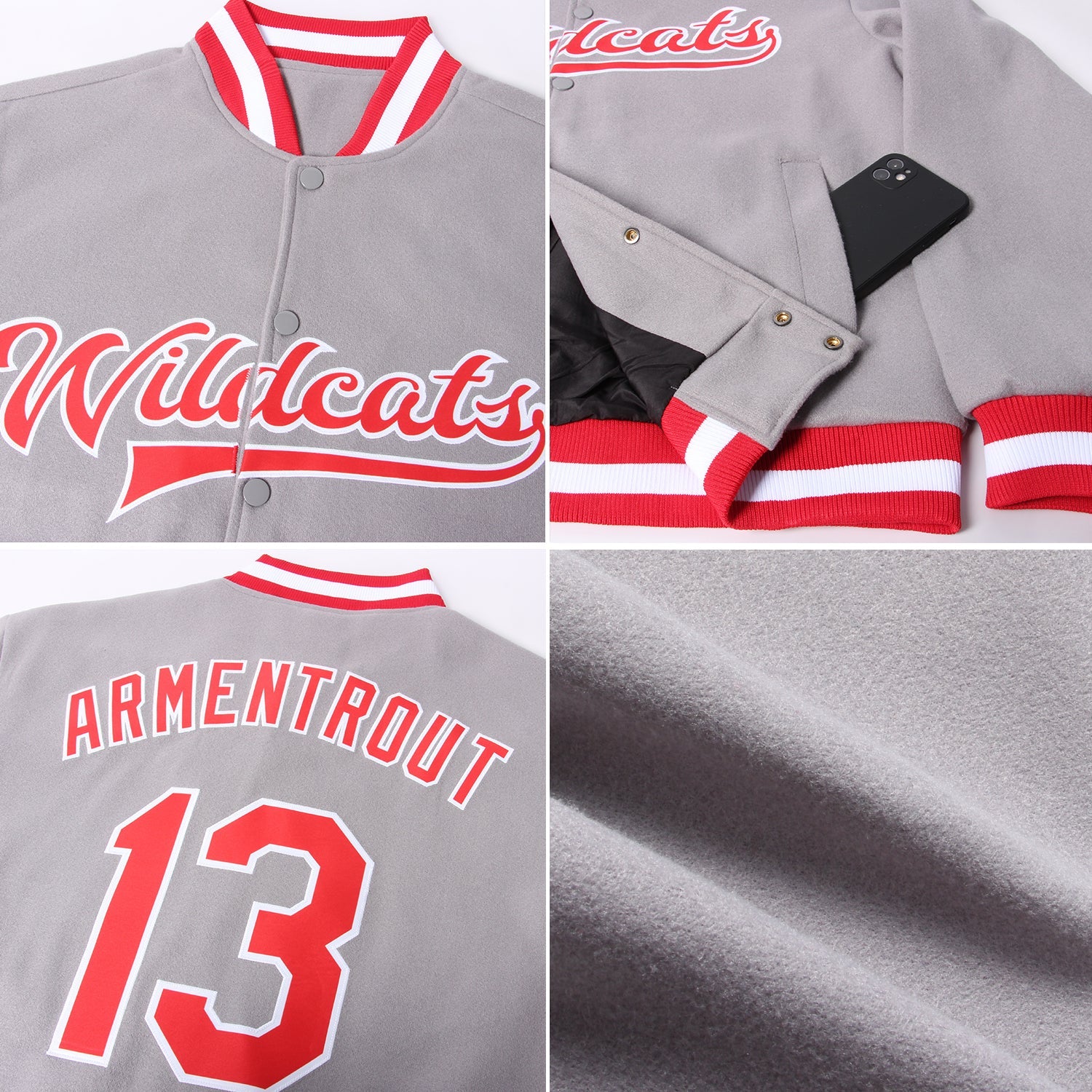 Custom Gray Red-White Bomber Full-Snap Varsity Letterman Jacket view 4