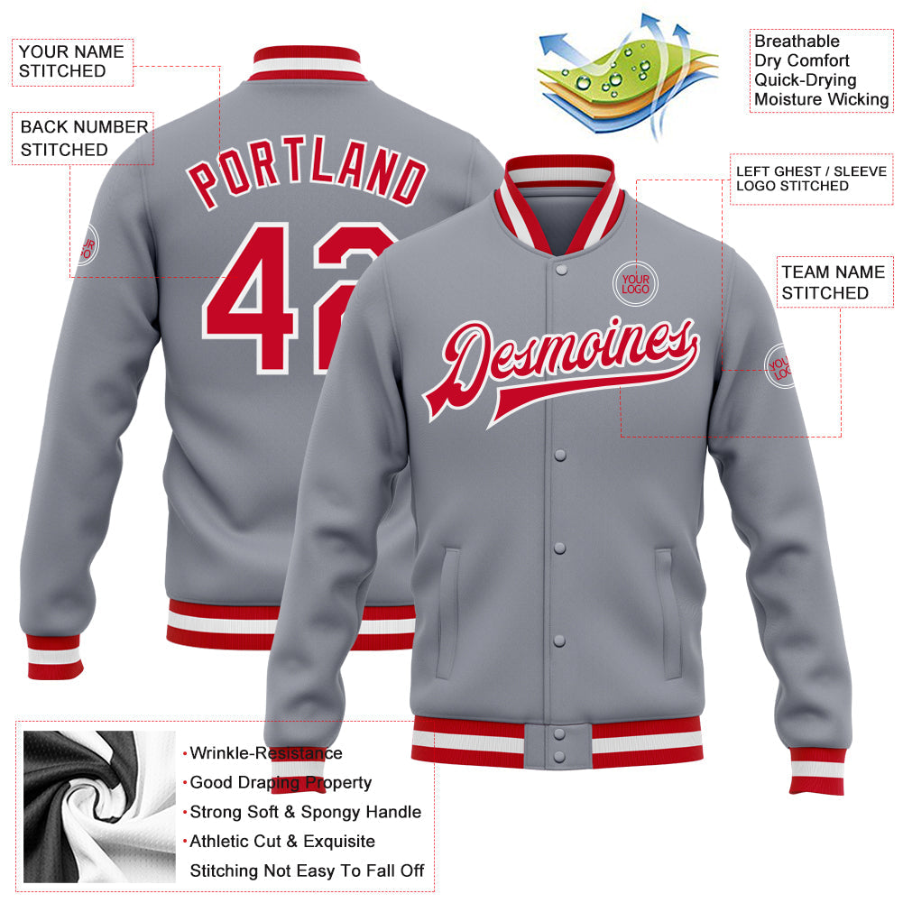 Custom Gray Red-White Bomber Full-Snap Varsity Letterman Jacket view 5