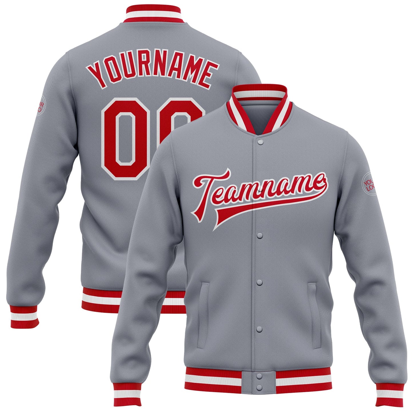 Custom Gray Red-White Bomber Full-Snap Varsity Letterman Jacket - Main View