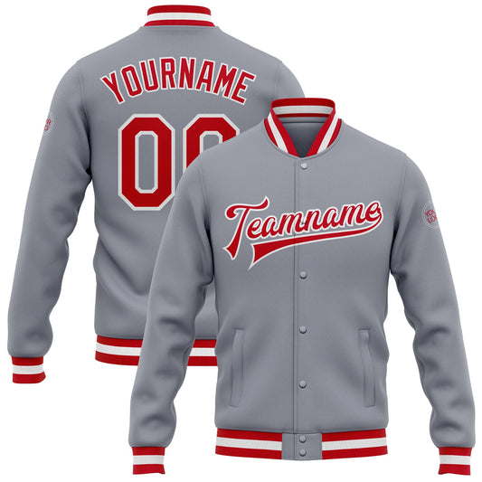 Custom Gray Red-White Bomber Full-Snap Varsity Letterman Jacket - Main View