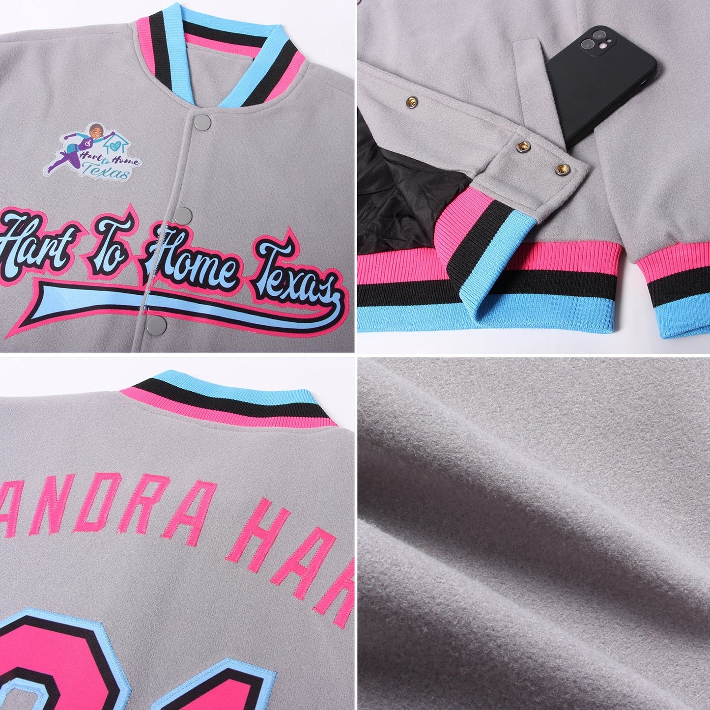 Custom Gray Pink Black-Light Blue Bomber Full-Snap Varsity Letterman Jacket view 4