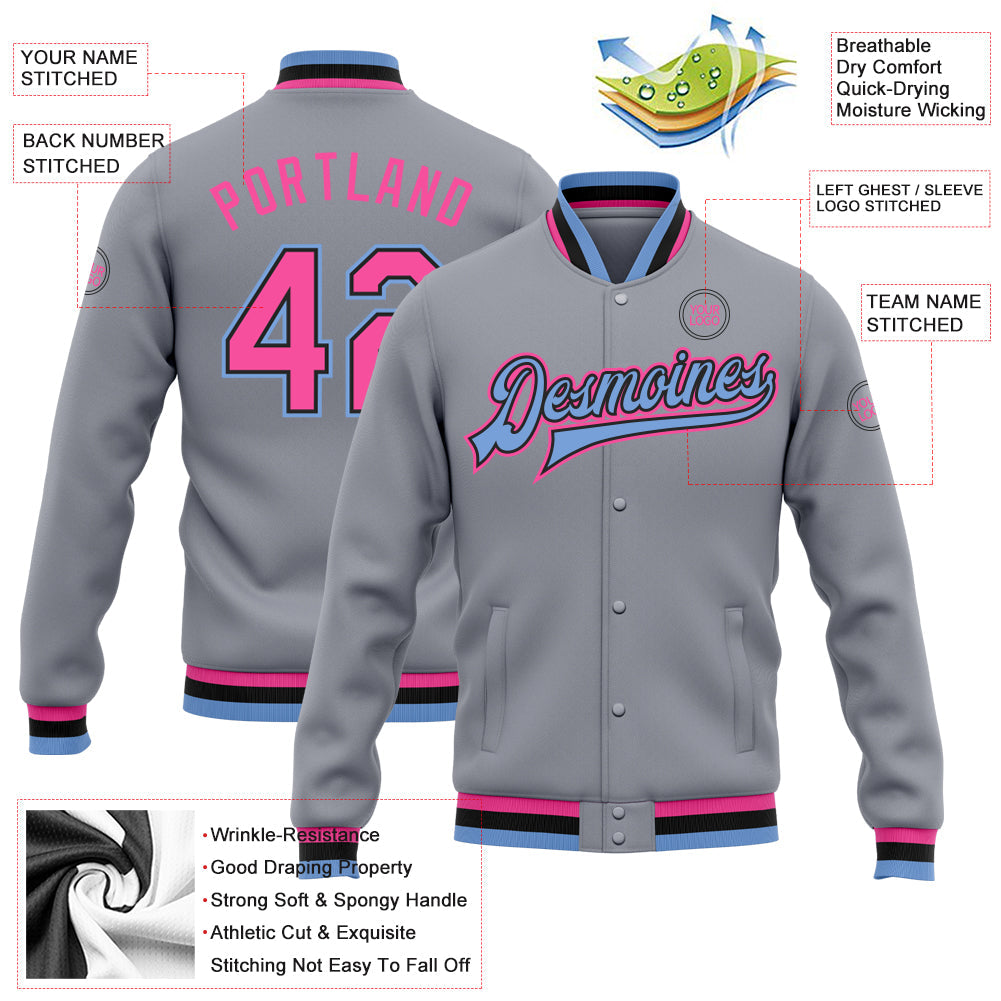 Custom Gray Pink Black-Light Blue Bomber Full-Snap Varsity Letterman Jacket view 5