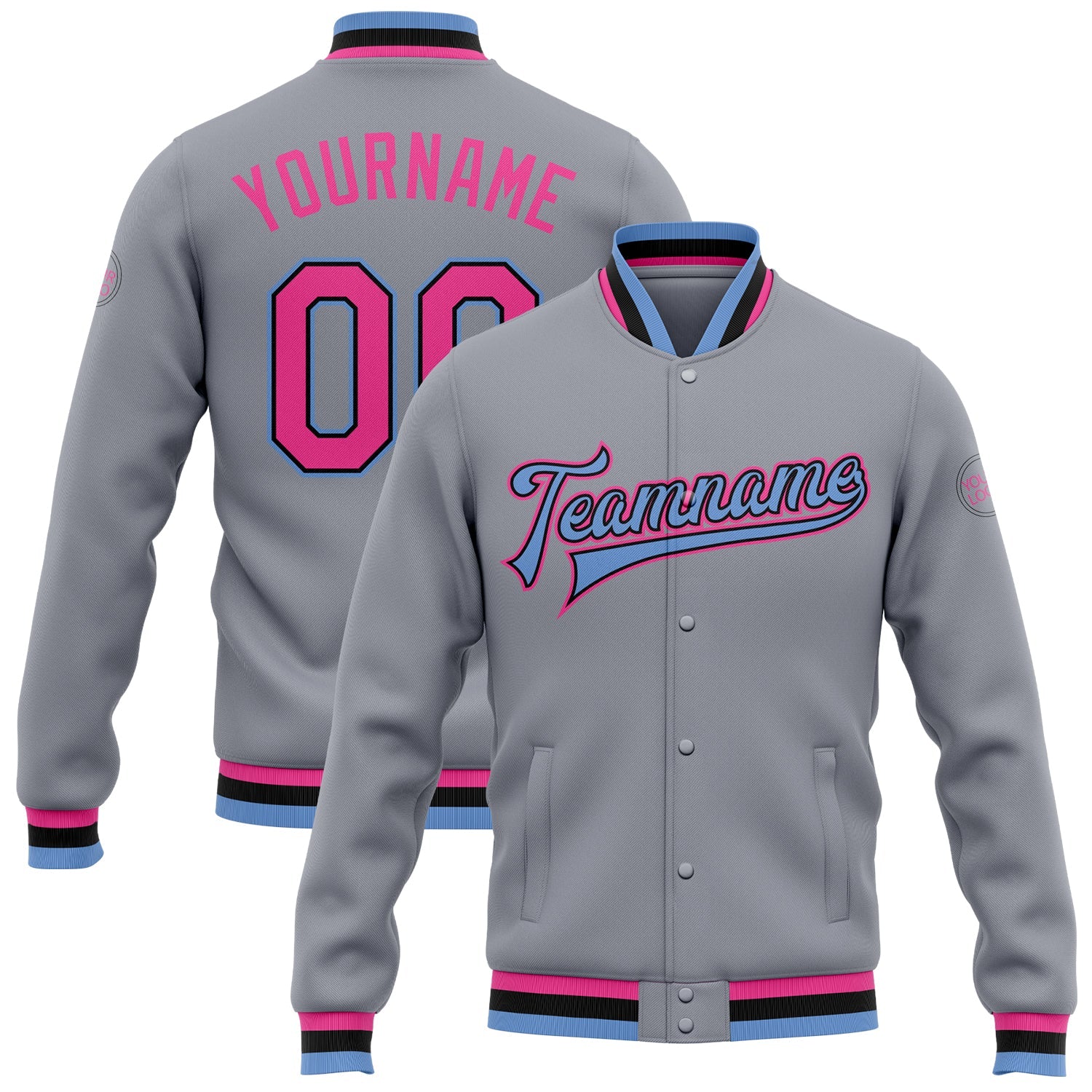 Custom Gray Pink Black-Light Blue Bomber Full-Snap Varsity Letterman Jacket - Main View