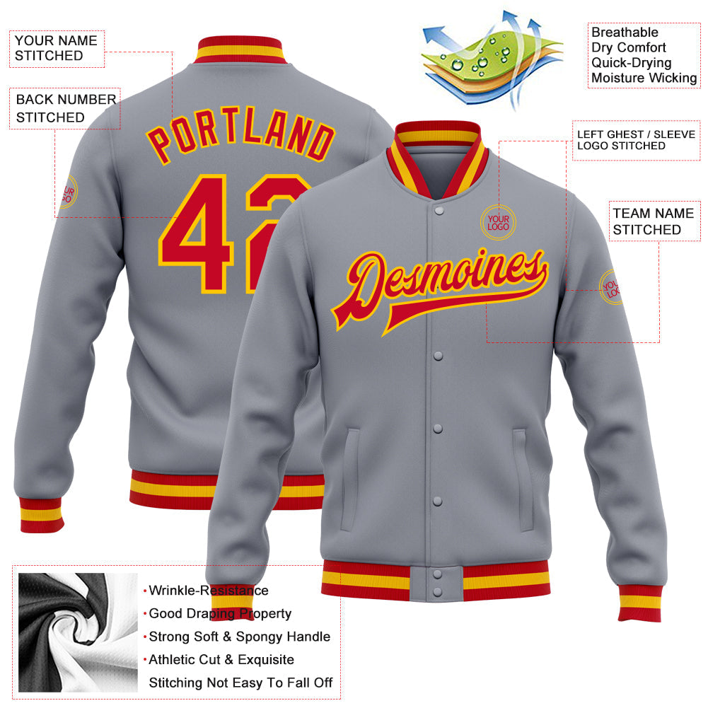 Custom Gray Red-Gold Bomber Full-Snap Varsity Letterman Jacket view 5