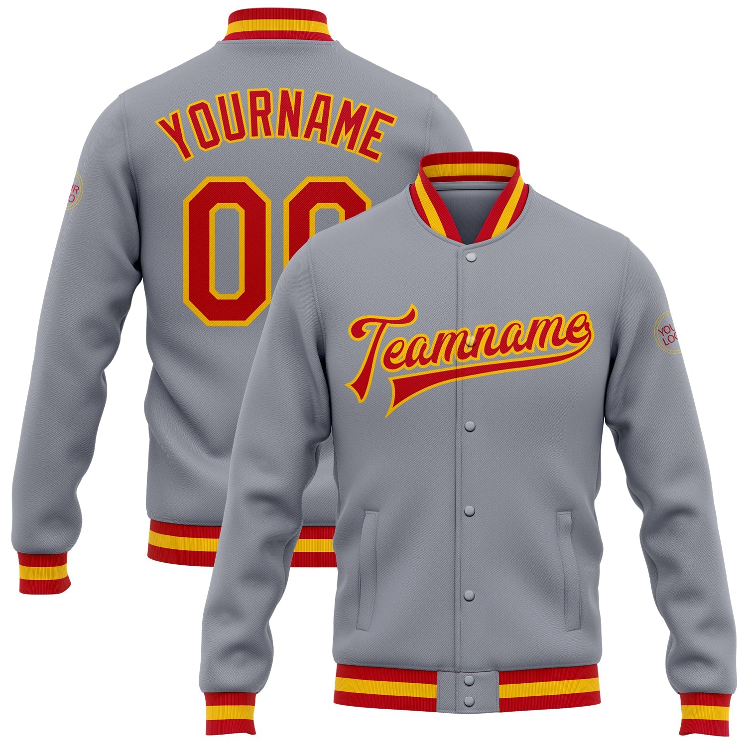 Custom Gray Red-Gold Bomber Full-Snap Varsity Letterman Jacket - Main View