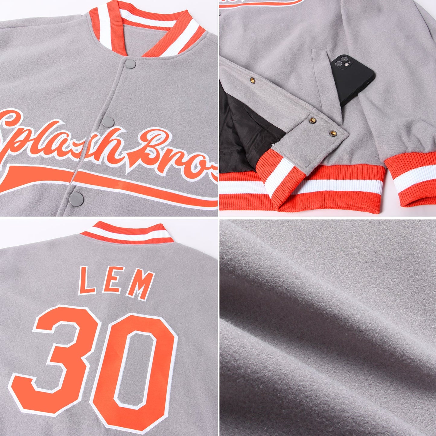 Custom Gray Orange-White Bomber Full-Snap Varsity Letterman Jacket view 4