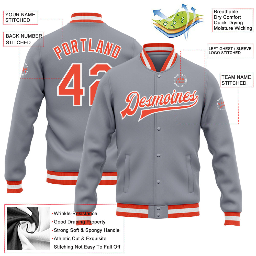 Custom Gray Orange-White Bomber Full-Snap Varsity Letterman Jacket view 5