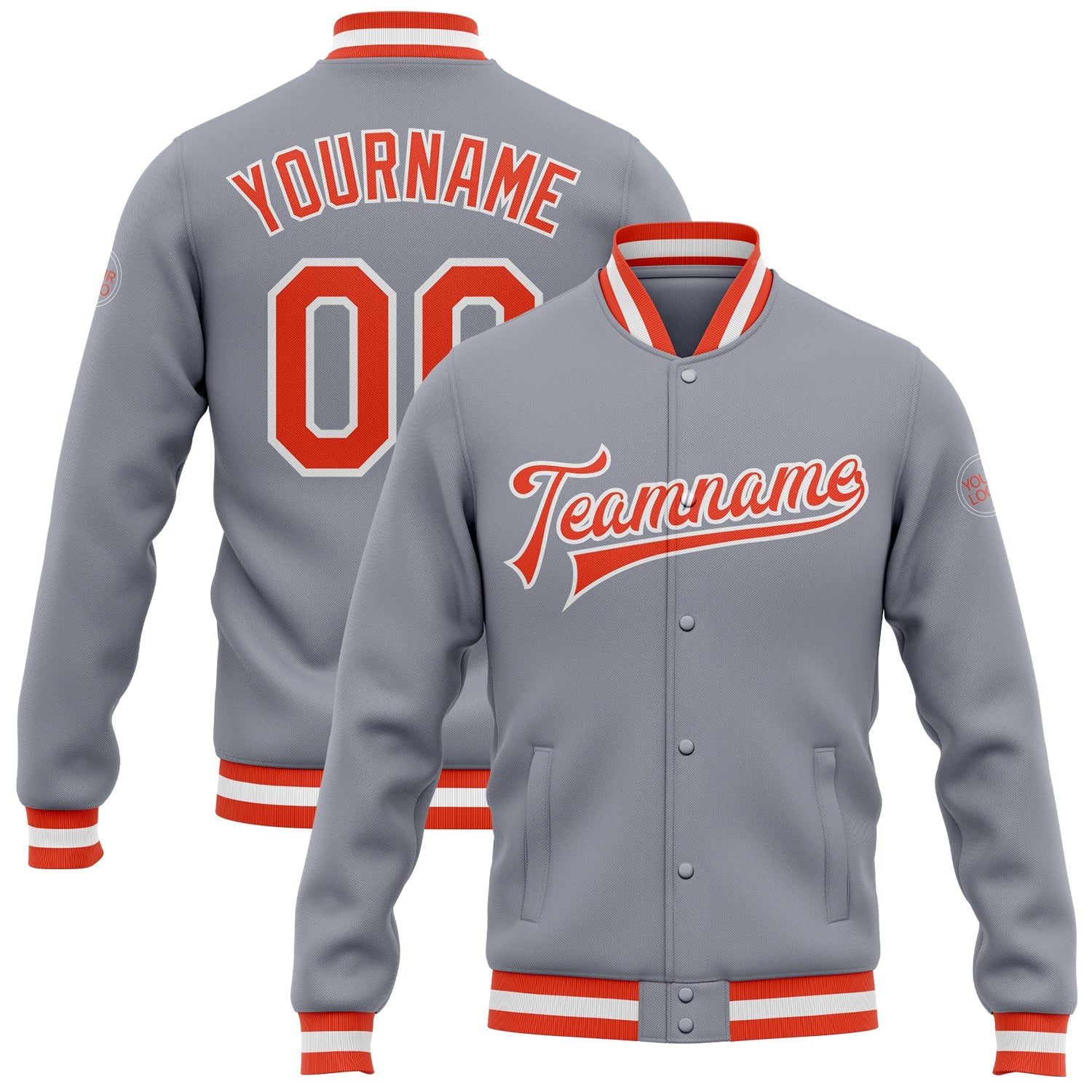 Custom Gray Orange-White Bomber Full-Snap Varsity Letterman Jacket - Main View