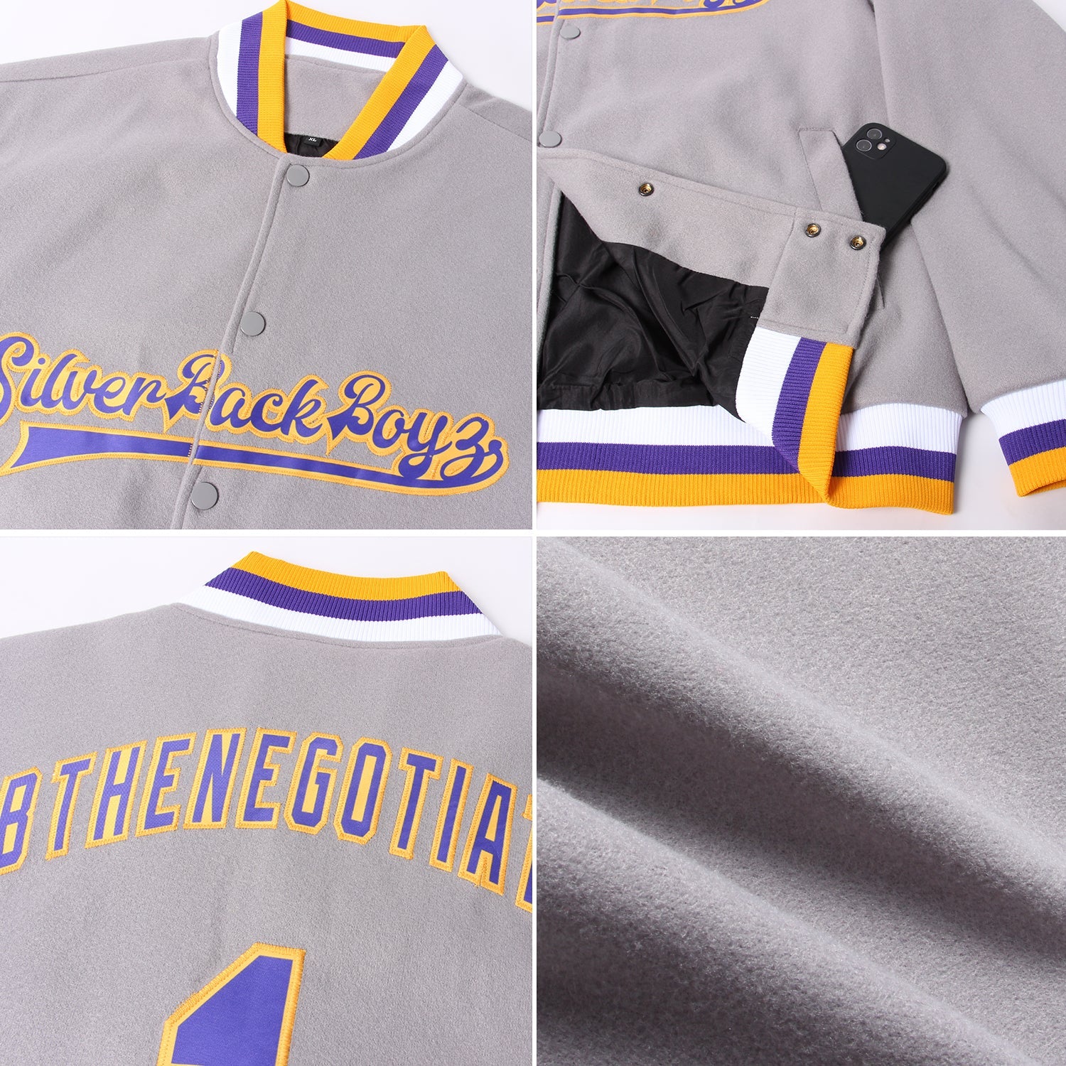 Custom Gray Purple-Gold Bomber Full-Snap Varsity Letterman Jacket view 4