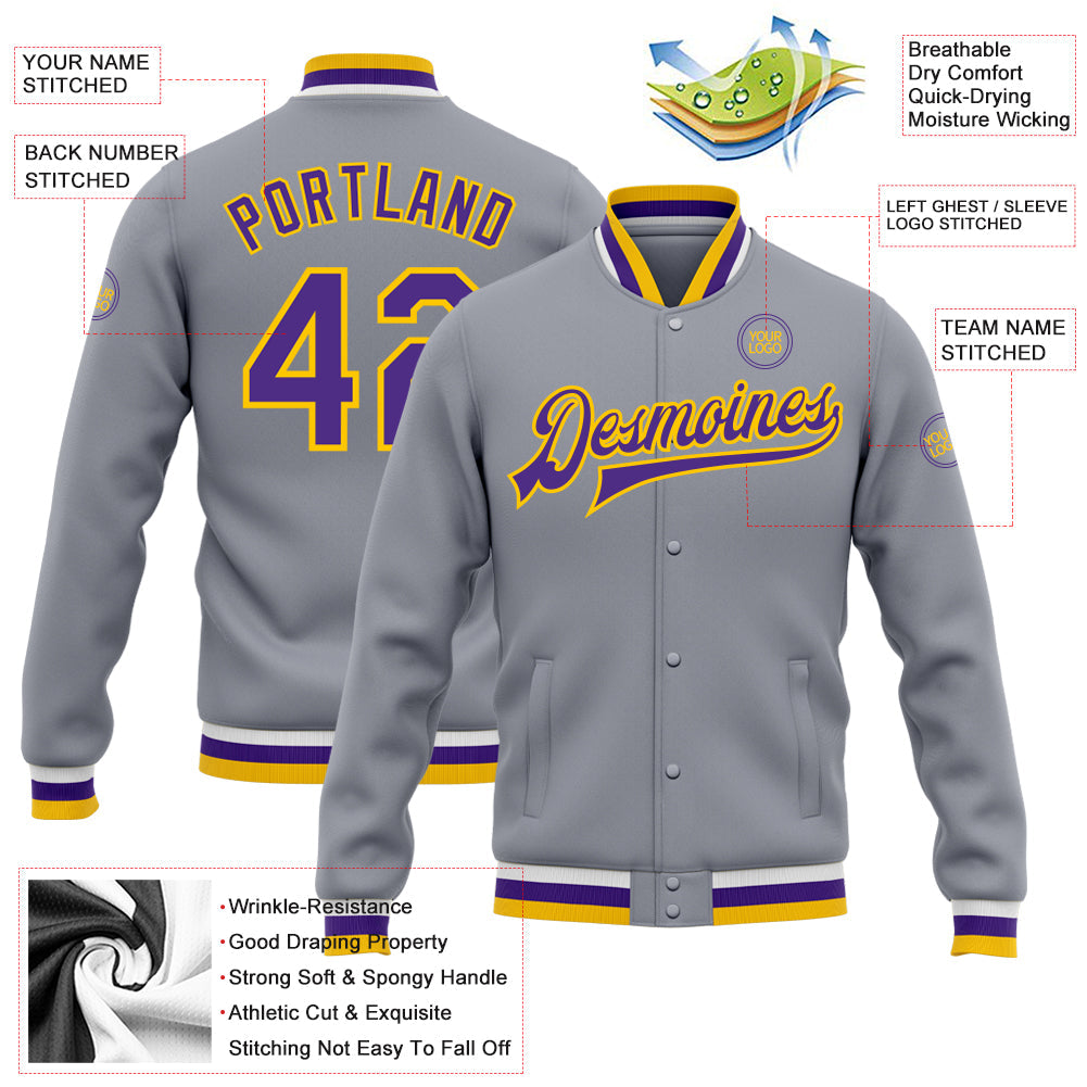 Custom Gray Purple-Gold Bomber Full-Snap Varsity Letterman Jacket view 5