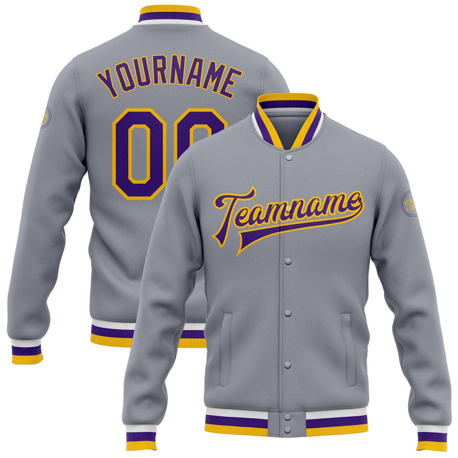 Custom Gray Purple-Gold Bomber Full-Snap Varsity Letterman Jacket - Main View