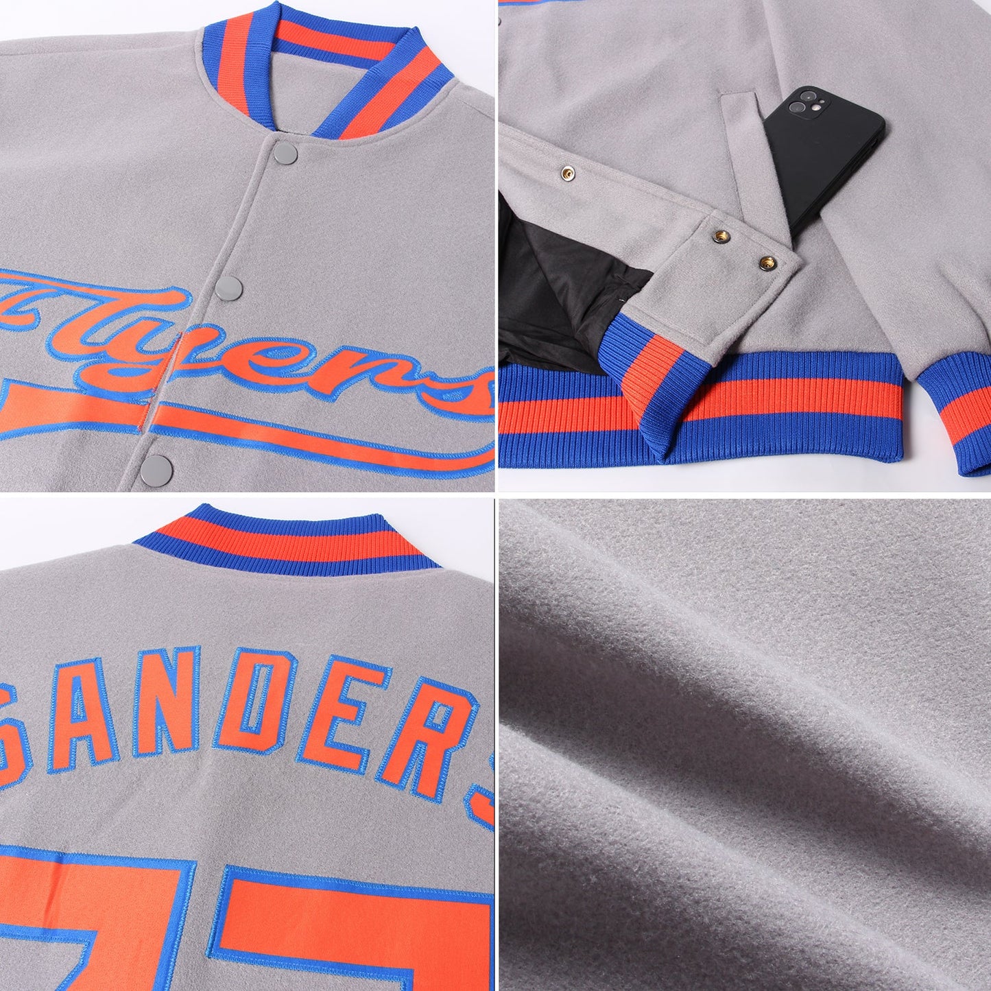 Custom Gray Orange-Royal Bomber Full-Snap Varsity Letterman Jacket view 4