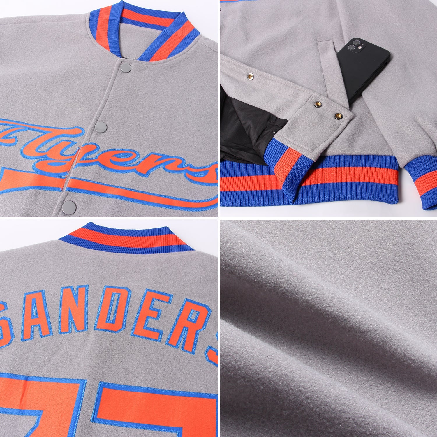 Custom Gray Orange-Royal Bomber Full-Snap Varsity Letterman Jacket view 4