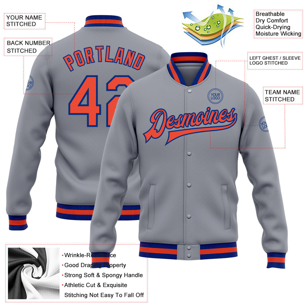 Custom Gray Orange-Royal Bomber Full-Snap Varsity Letterman Jacket view 5