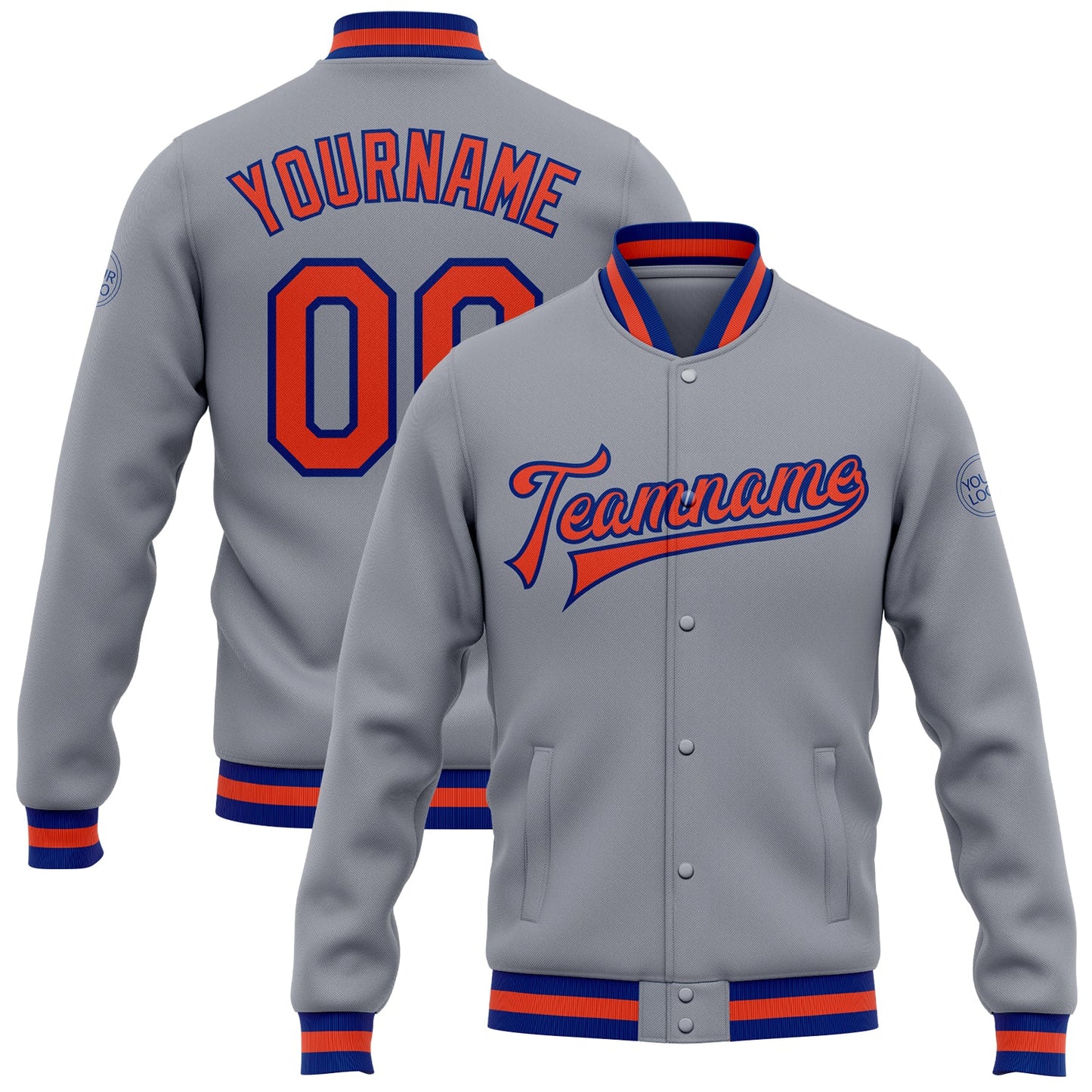 Custom Gray Orange-Royal Bomber Full-Snap Varsity Letterman Jacket - Main View