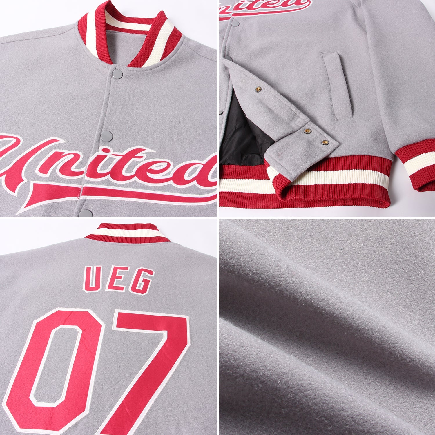 Custom Gray Maroon-Cream Bomber Full-Snap Varsity Letterman Jacket view 4