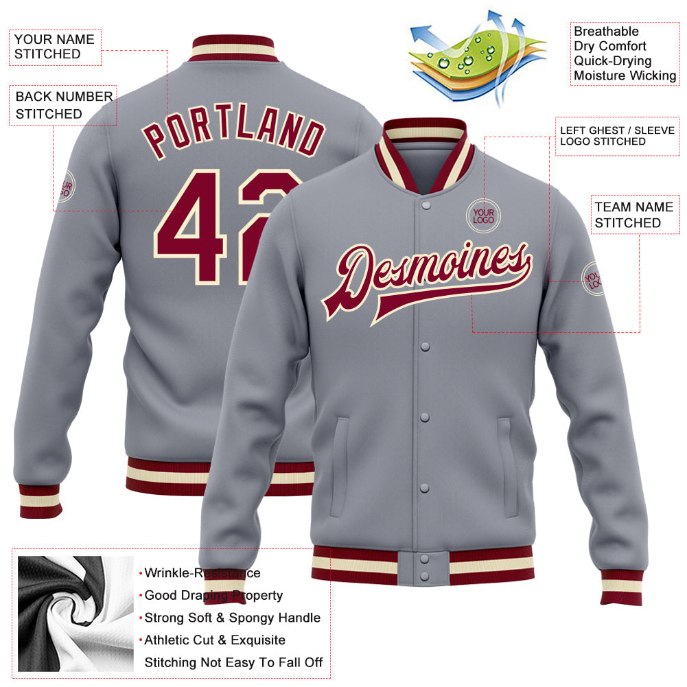 Custom Gray Maroon-Cream Bomber Full-Snap Varsity Letterman Jacket view 5