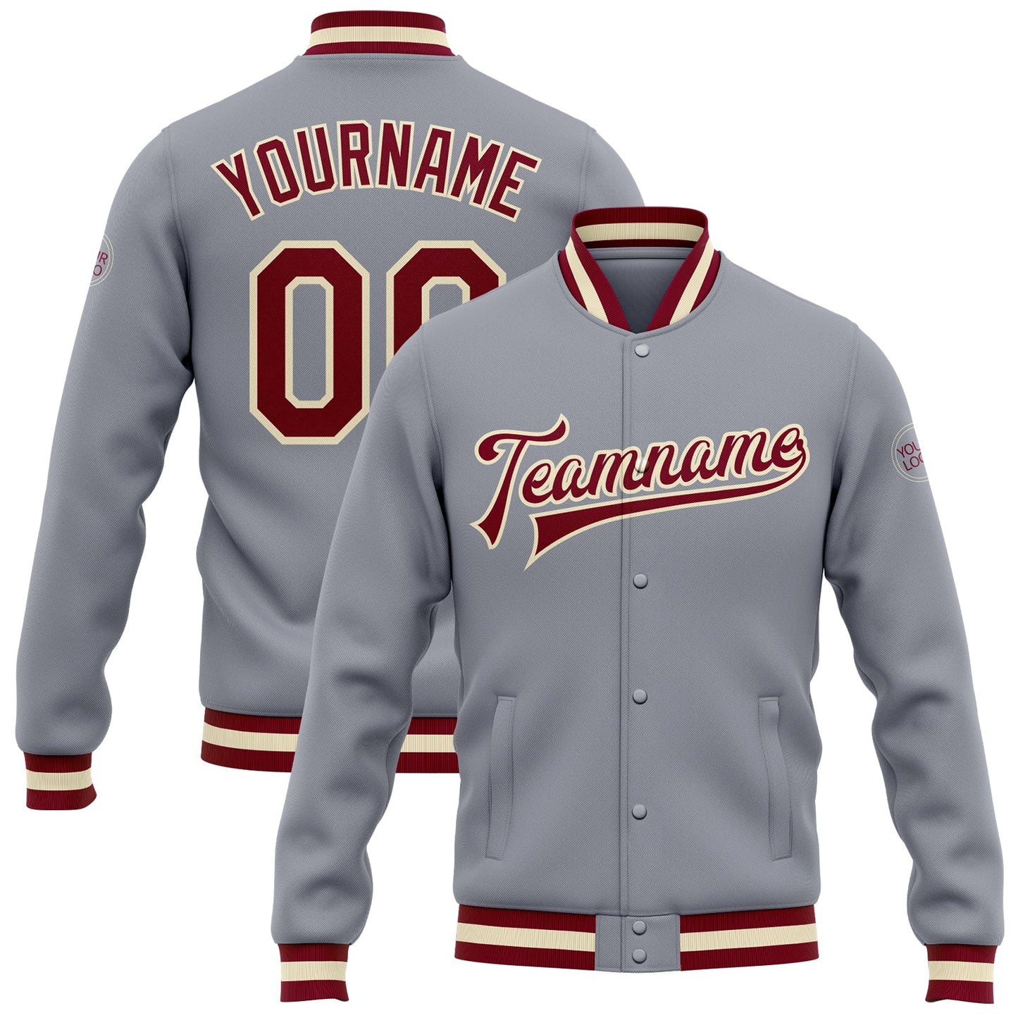 Custom Gray Maroon-Cream Bomber Full-Snap Varsity Letterman Jacket - Main View