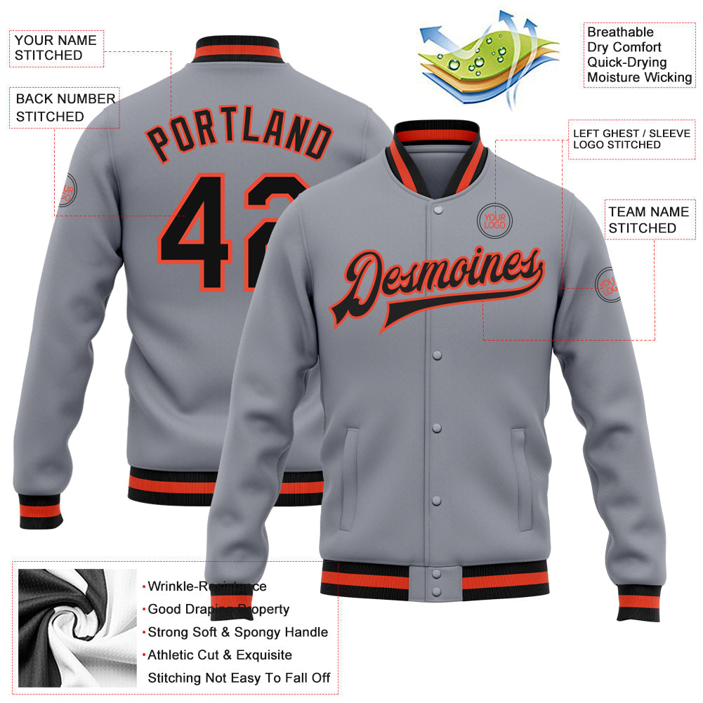 Custom Gray Black-Orange Bomber Full-Snap Varsity Letterman Jacket view 5