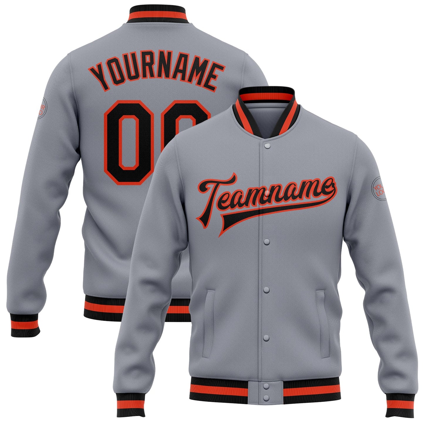 Custom Gray Black-Orange Bomber Full-Snap Varsity Letterman Jacket - Main View