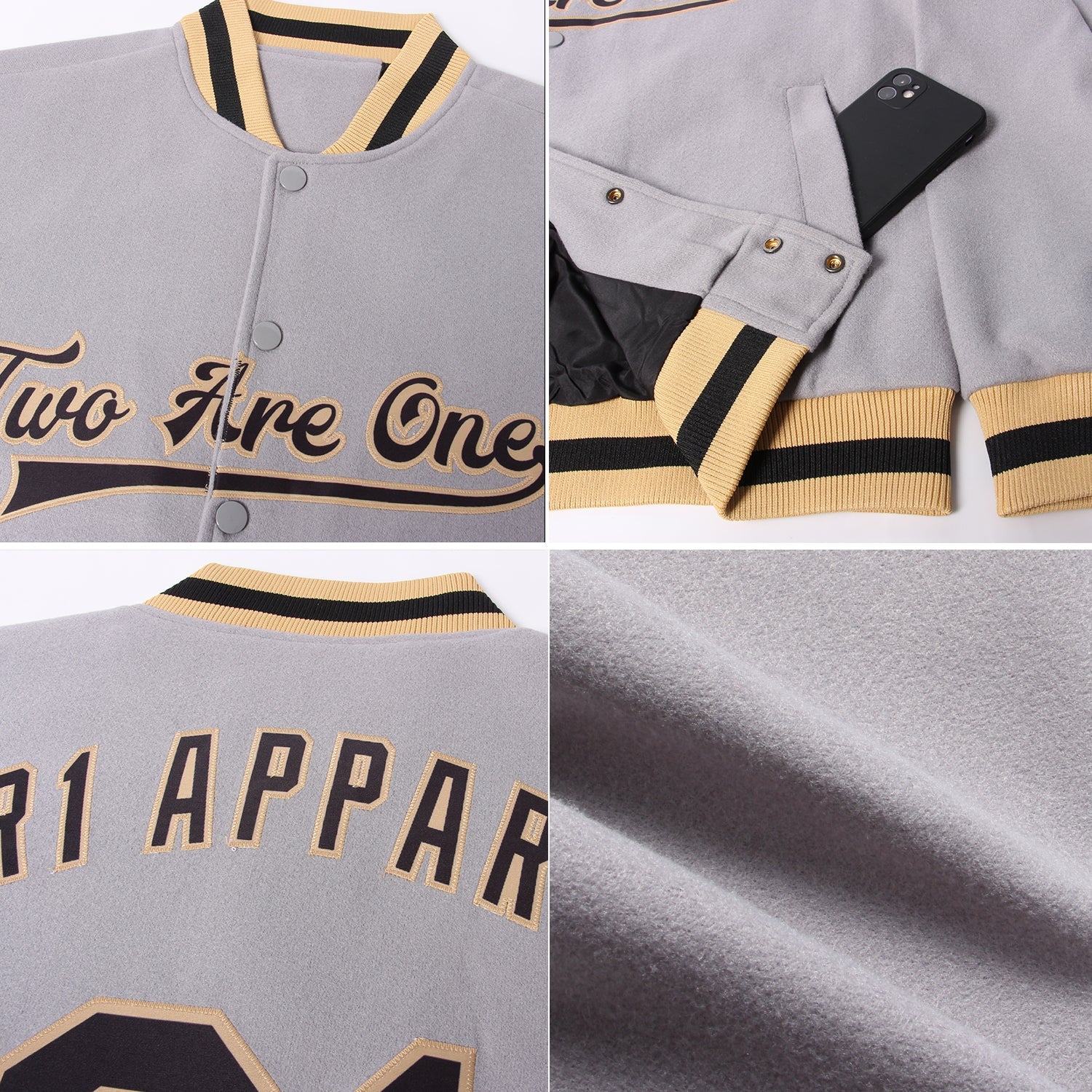Custom Gray Black-Old Gold Bomber Full-Snap Varsity Letterman Jacket view 4