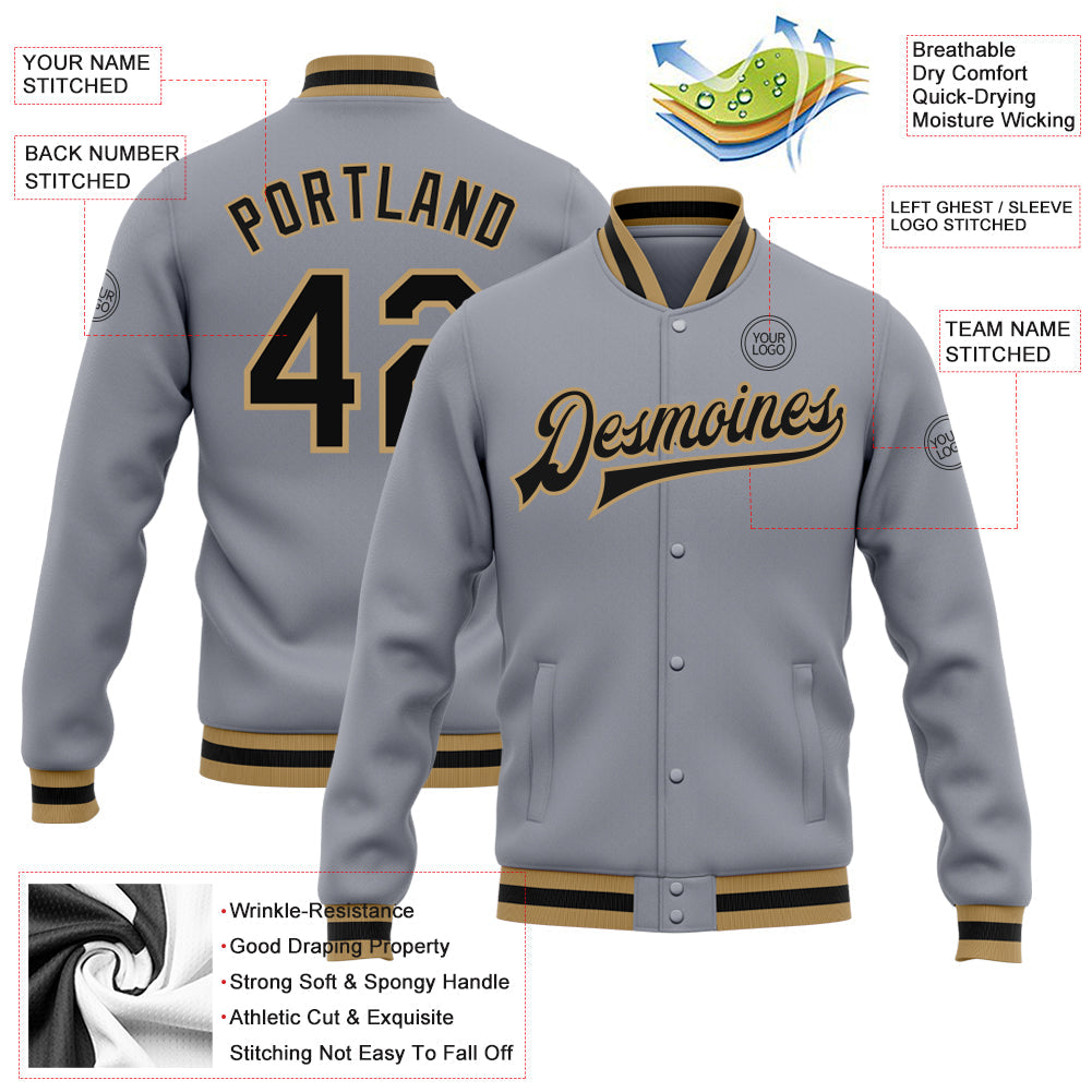 Custom Gray Black-Old Gold Bomber Full-Snap Varsity Letterman Jacket view 5
