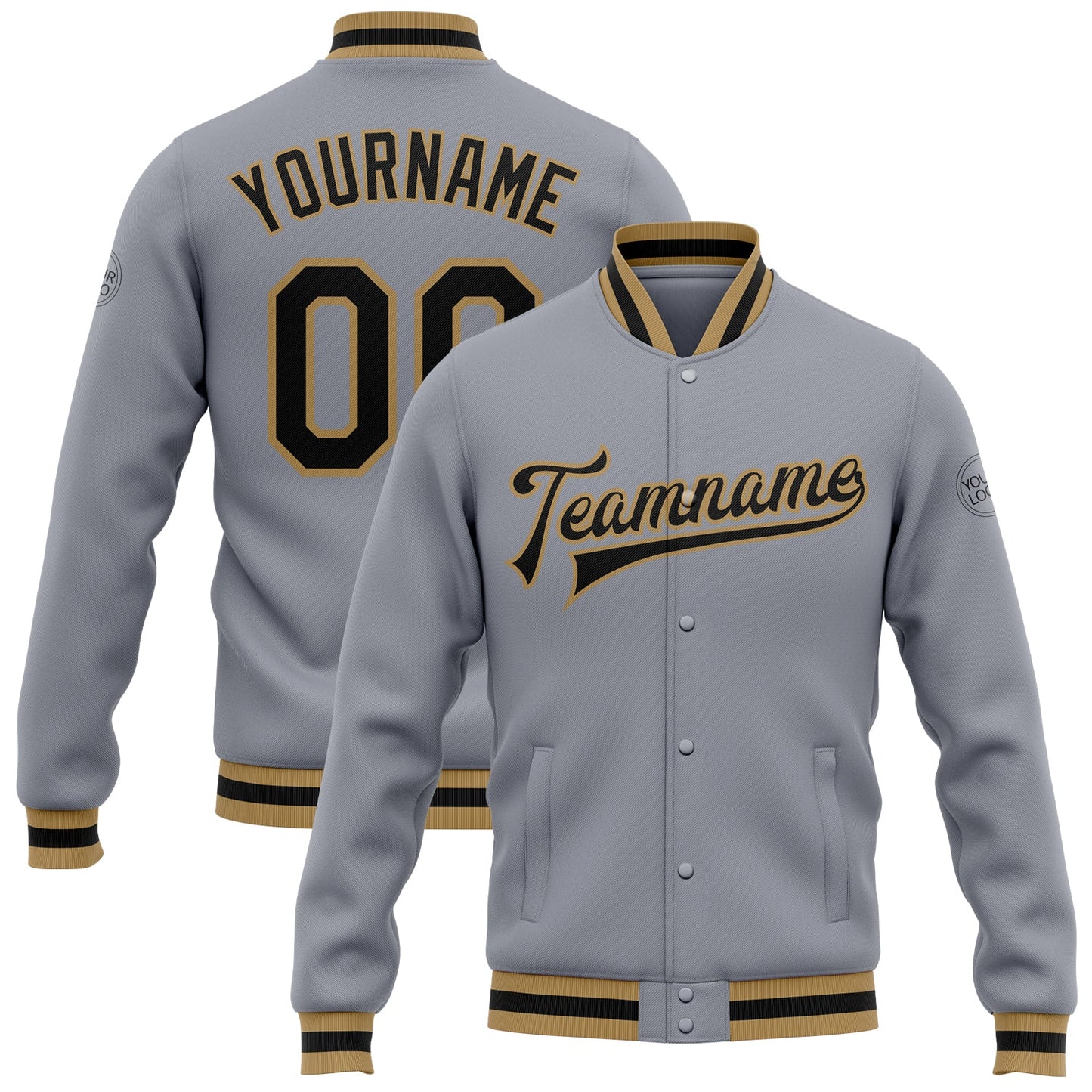 Custom Gray Black-Old Gold Bomber Full-Snap Varsity Letterman Jacket - Main View