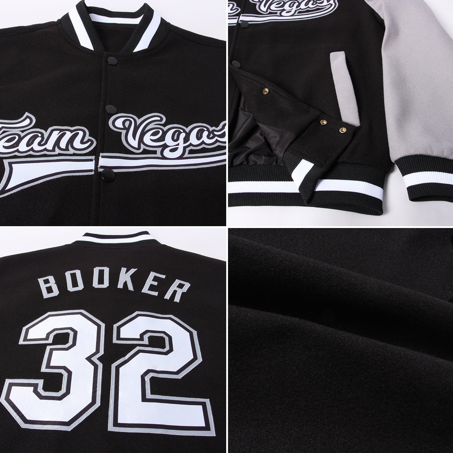 Custom Black White-Gray Bomber Full-Snap Varsity Letterman Two Tone Jacket view 4