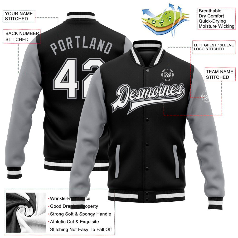 Custom Black White-Gray Bomber Full-Snap Varsity Letterman Two Tone Jacket view 5