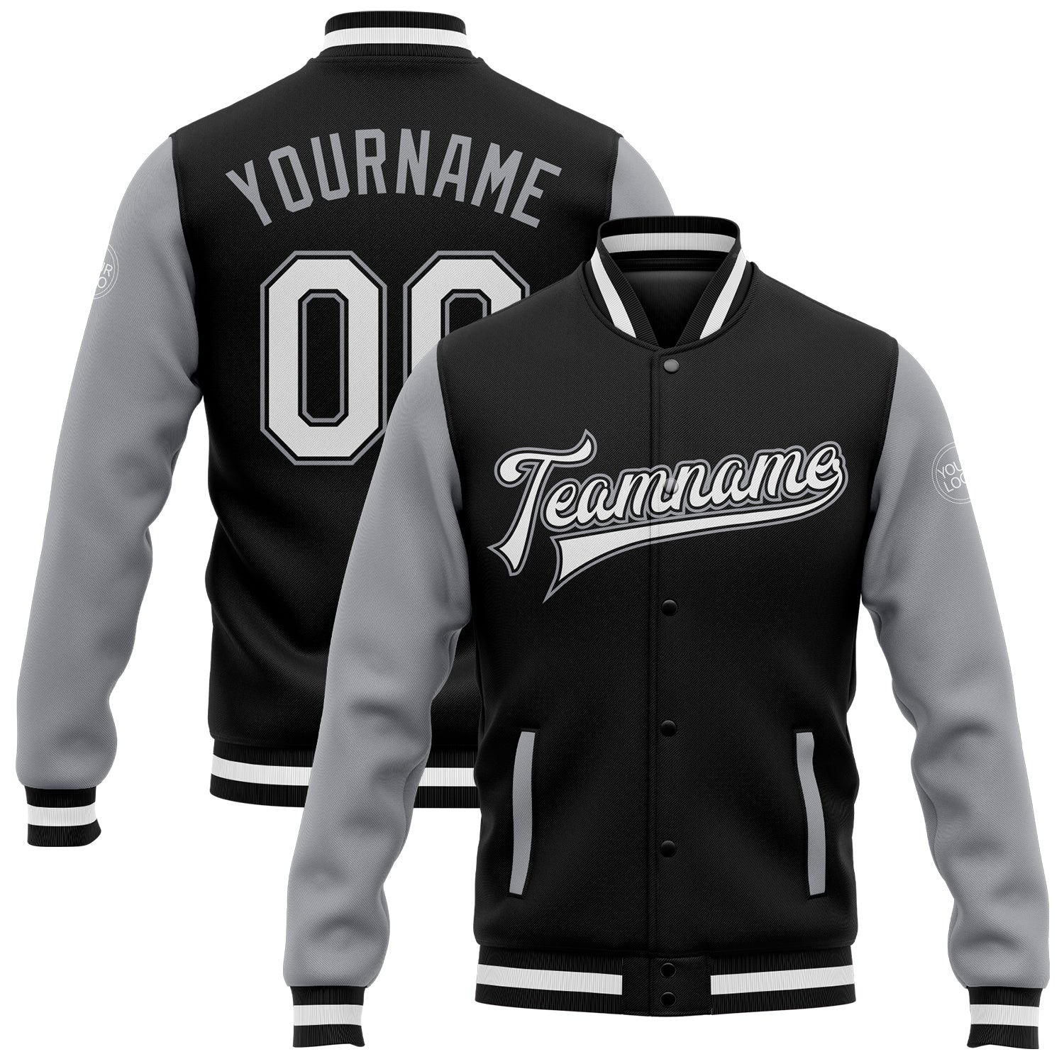 Custom Black White-Gray Bomber Full-Snap Varsity Letterman Two Tone Jacket - Main View