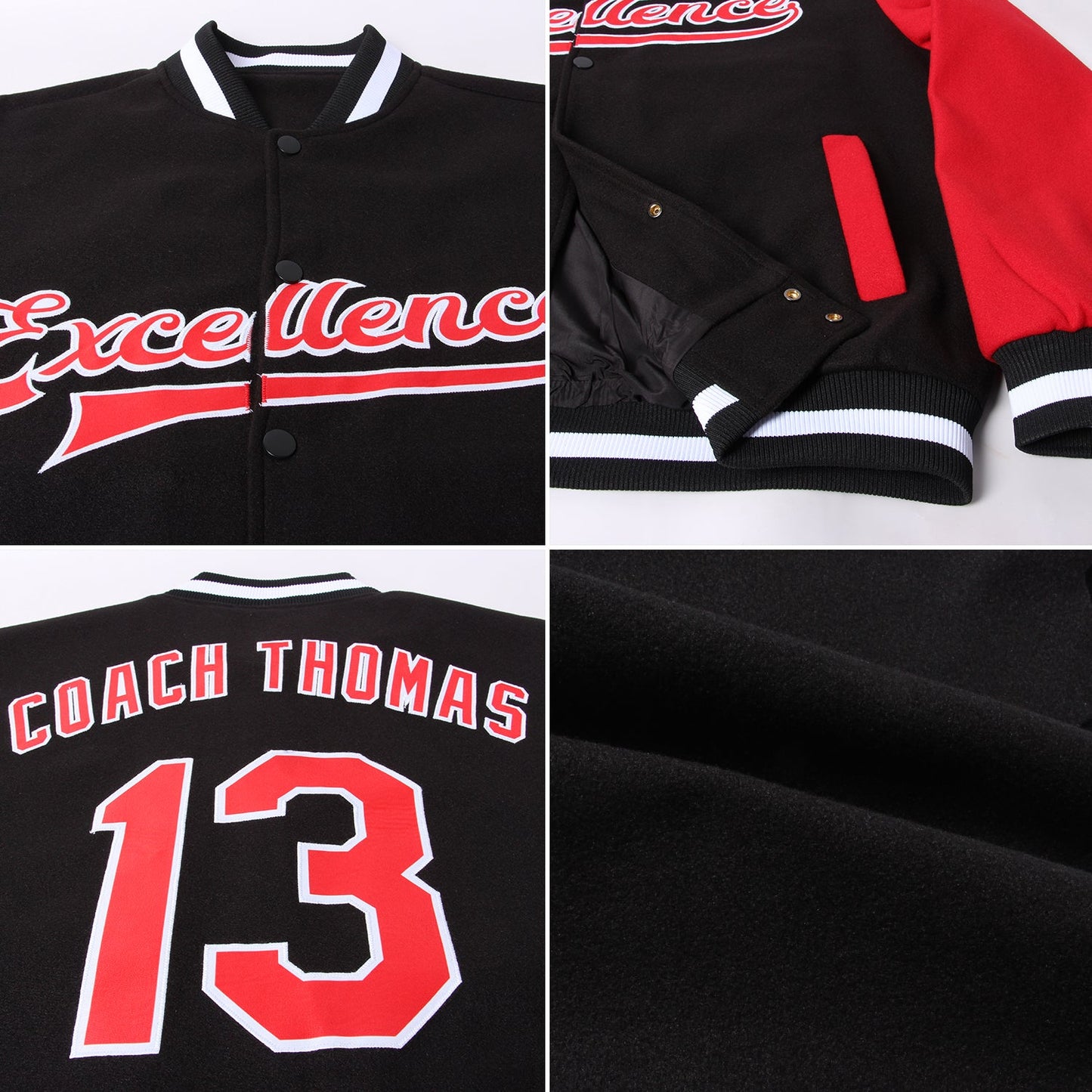 Custom Black Red-White Bomber Full-Snap Varsity Letterman Two Tone Jacket view 4