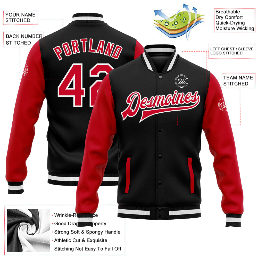 Custom Black Red-White Bomber Full-Snap Varsity Letterman Two Tone Jacket view 5