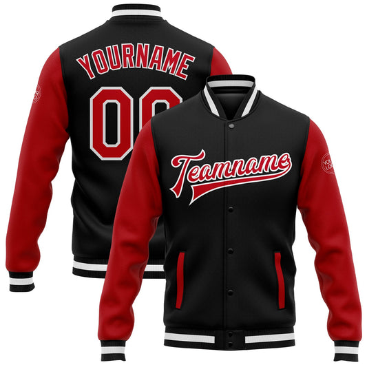 Custom Black Red-White Bomber Full-Snap Varsity Letterman Two Tone Jacket - Main View