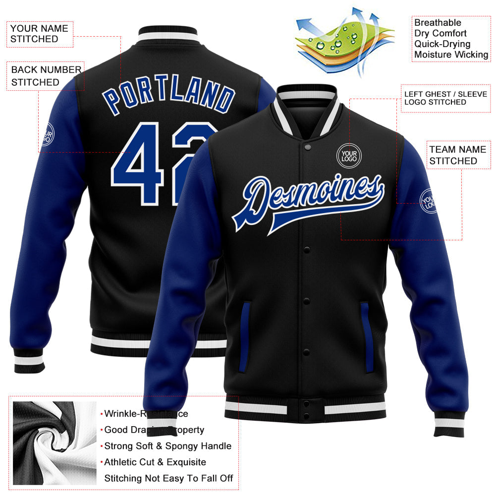 Custom Black Royal-White Bomber Full-Snap Varsity Letterman Two Tone Jacket view 5