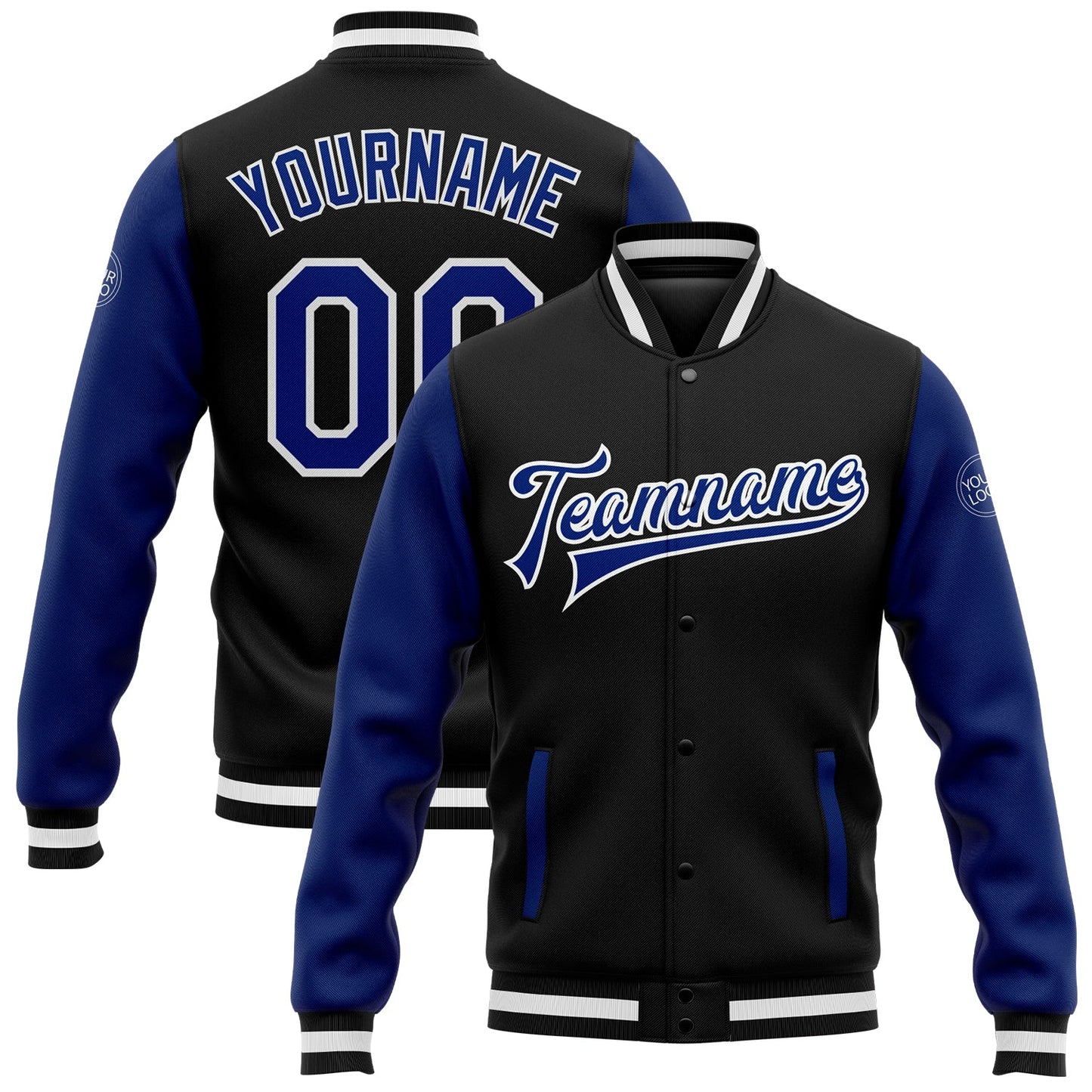 Custom Black Royal-White Bomber Full-Snap Varsity Letterman Two Tone Jacket - Main View