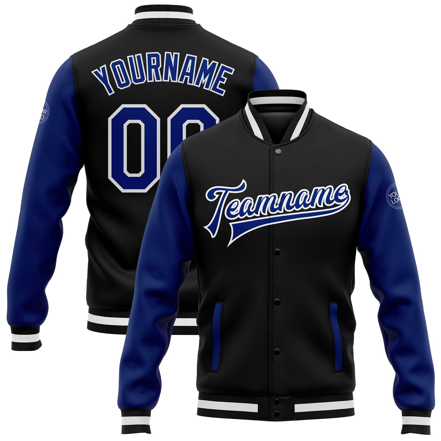 Custom Black Royal-White Bomber Full-Snap Varsity Letterman Two Tone Jacket - Main View