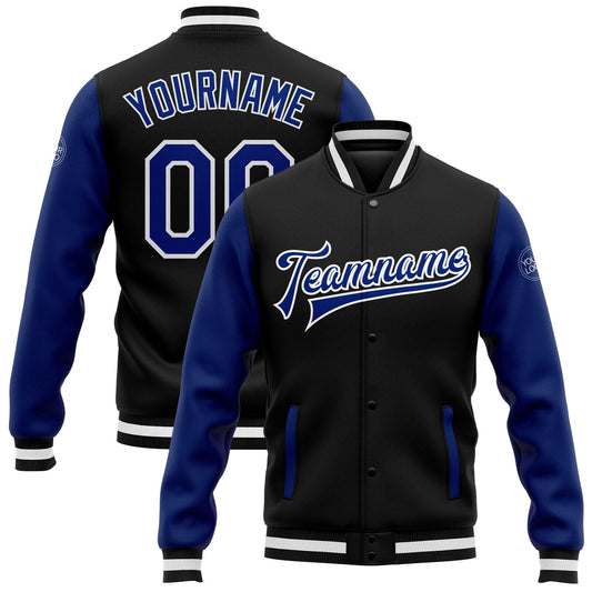 Custom Black Royal-White Bomber Full-Snap Varsity Letterman Two Tone Jacket - Main View