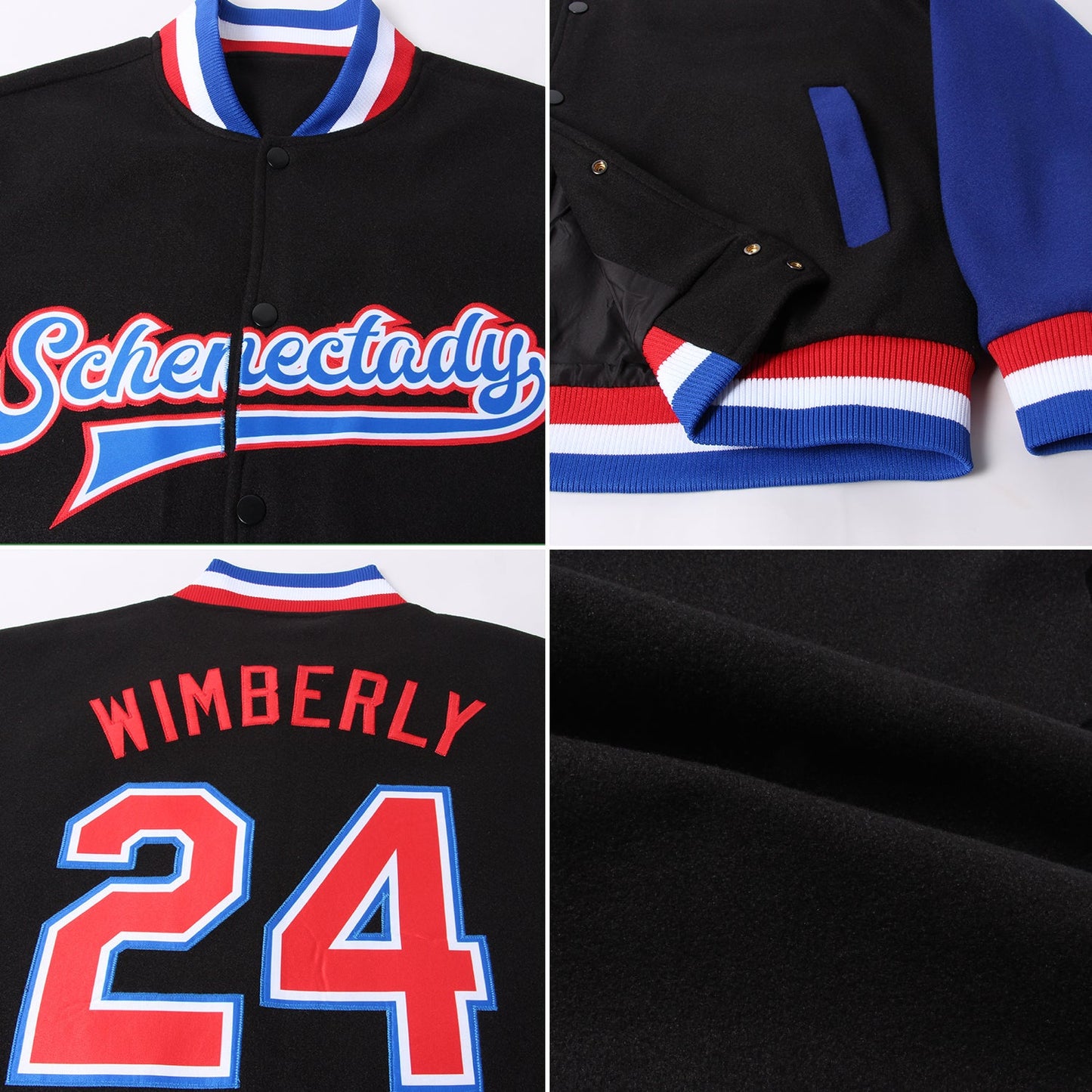 Custom Black Red-Royal Bomber Full-Snap Varsity Letterman Two Tone Jacket view 4