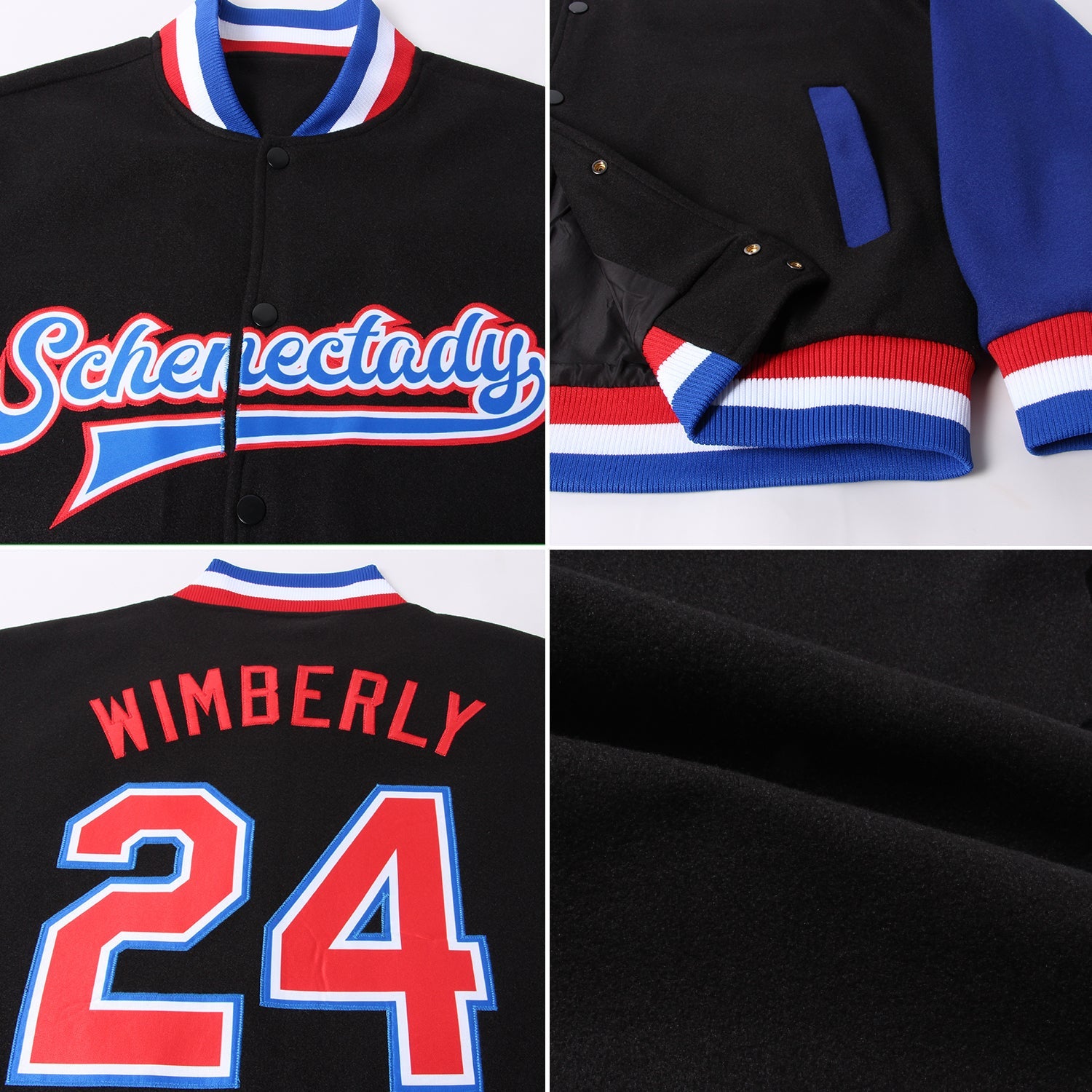 Custom Black Red-Royal Bomber Full-Snap Varsity Letterman Two Tone Jacket view 4